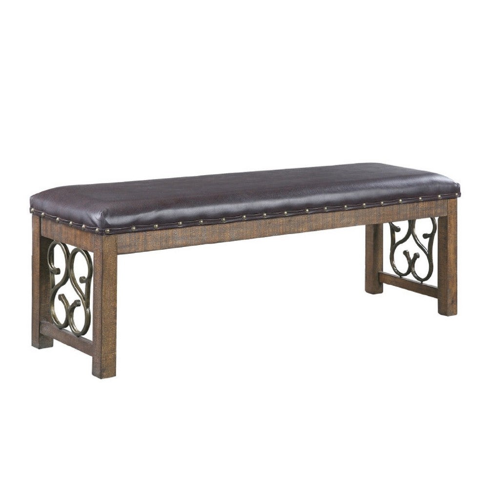 BENZARA Ral 56 Inch Solid Wood Padded Bench, Metal Scroll Design, Nailhead, Brown - BM275678