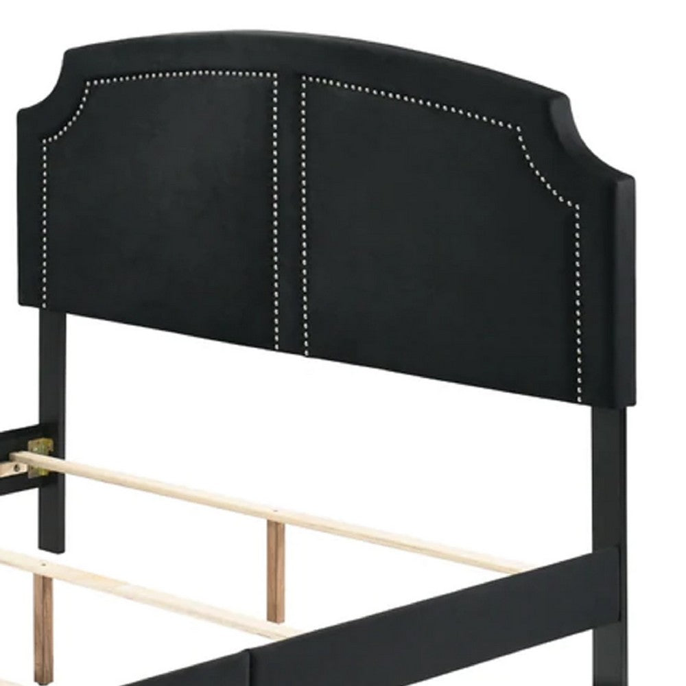 BENZARA Lily Platform Queen Upholstered Bed, Padded Headboard, Black, Gold - BM275693