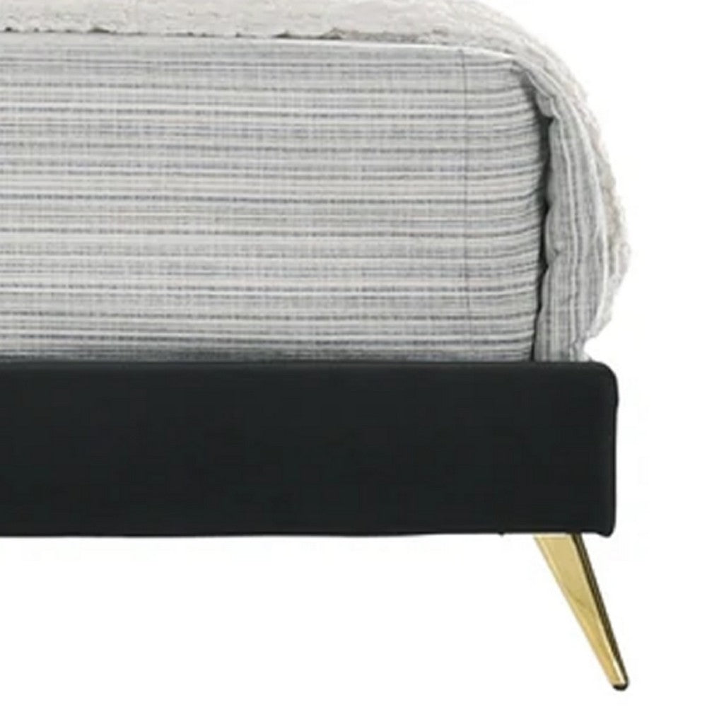 BENZARA Lily Platform Queen Upholstered Bed, Padded Headboard, Black, Gold - BM275693