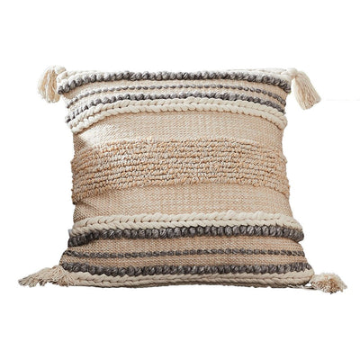 BENZARA 18 Inch Textured Decorative Throw Pillow Cover, Tassels, Beige, Gray Fabric - BM276699