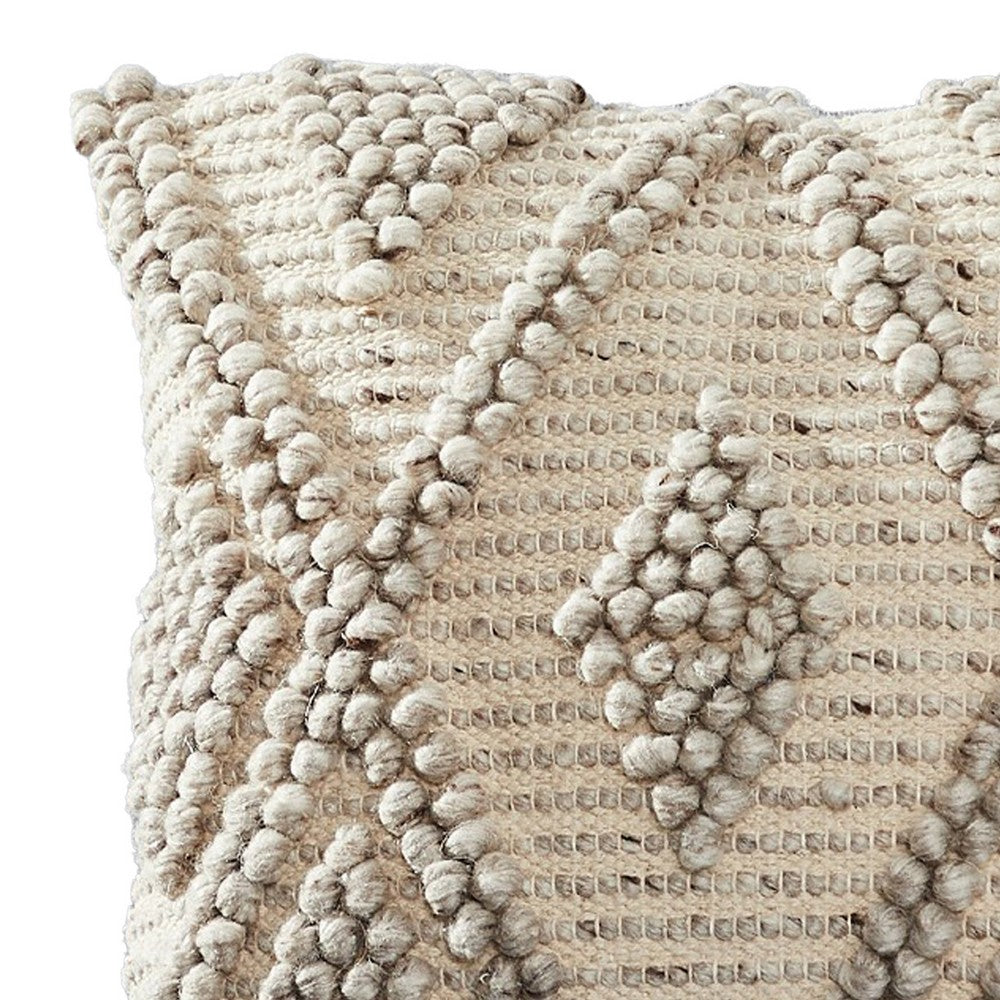 BENZARA 18 Inch Decorative Throw Pillow Cover, Beaded Diamond Pattern, Beige Fabric - BM276702