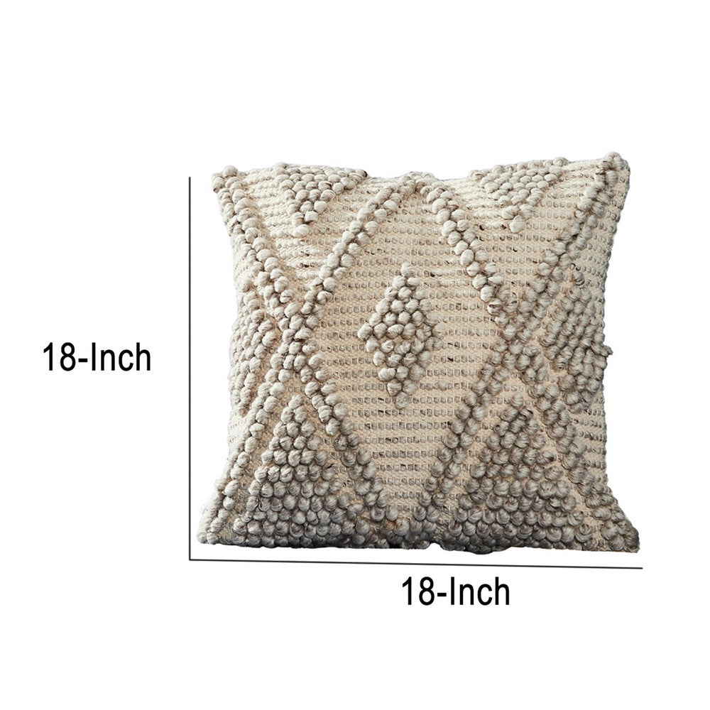 BENZARA 18 Inch Decorative Throw Pillow Cover, Beaded Diamond Pattern, Beige Fabric - BM276702