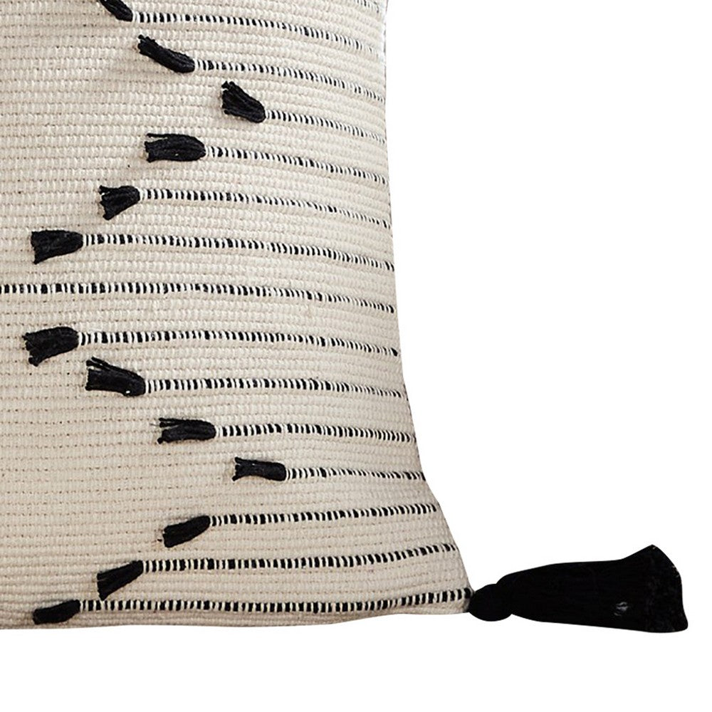 BENZARA 18 Inch Decorative Throw Pillow Cover, Black Embroidery, Tassels, White - BM276705