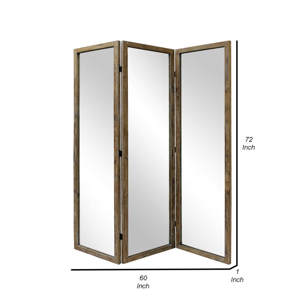 BENZARA 70 Inch 3 Panel Mirror Room Divider, Wood Frame, Distressed Brown - BM276717