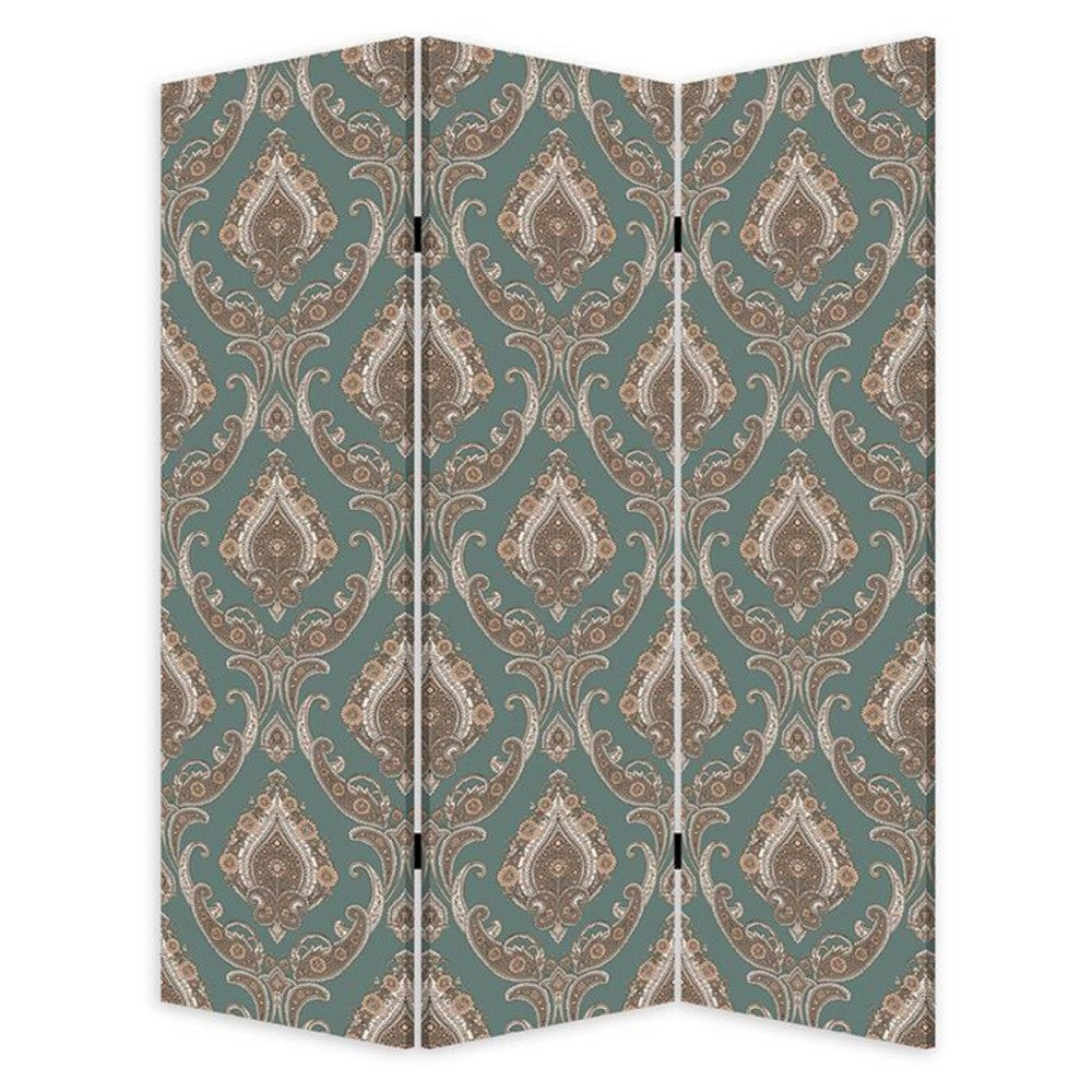 BENZARA 72 Inch 3 Panel Canvas Screen Room Divider, Dual Sided Baroque, White Brown - BM276719