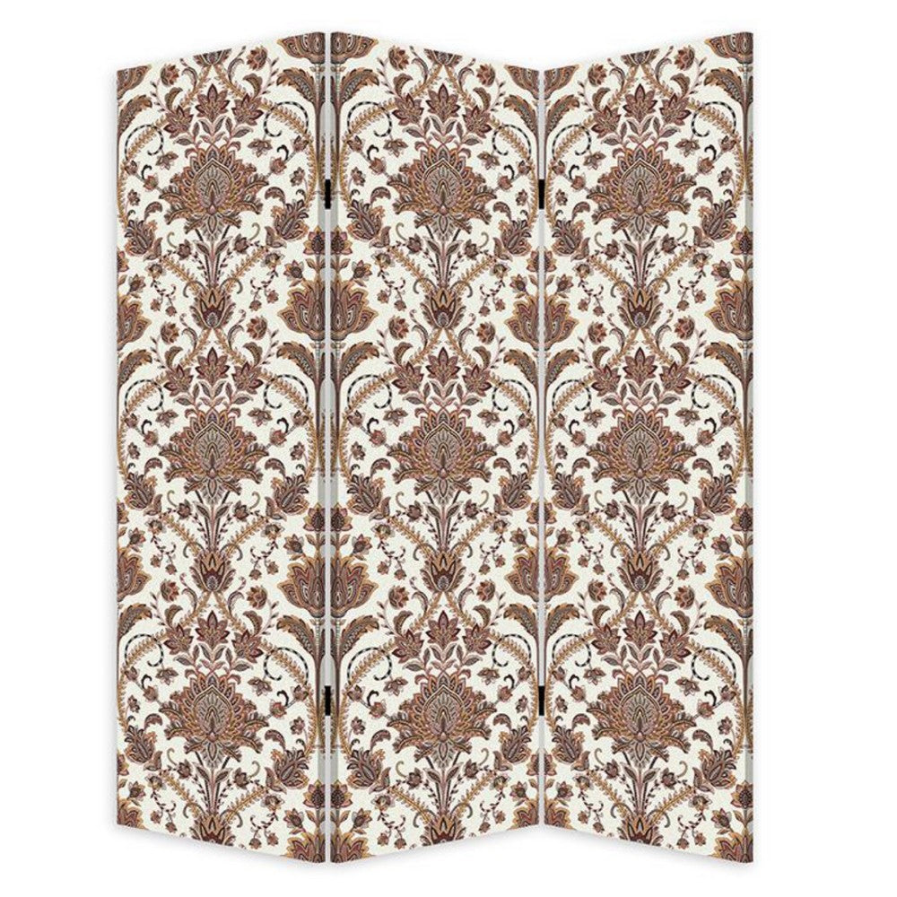 BENZARA 72 Inch 3 Panel Canvas Screen Room Divider, Dual Sided Baroque, White Brown - BM276719