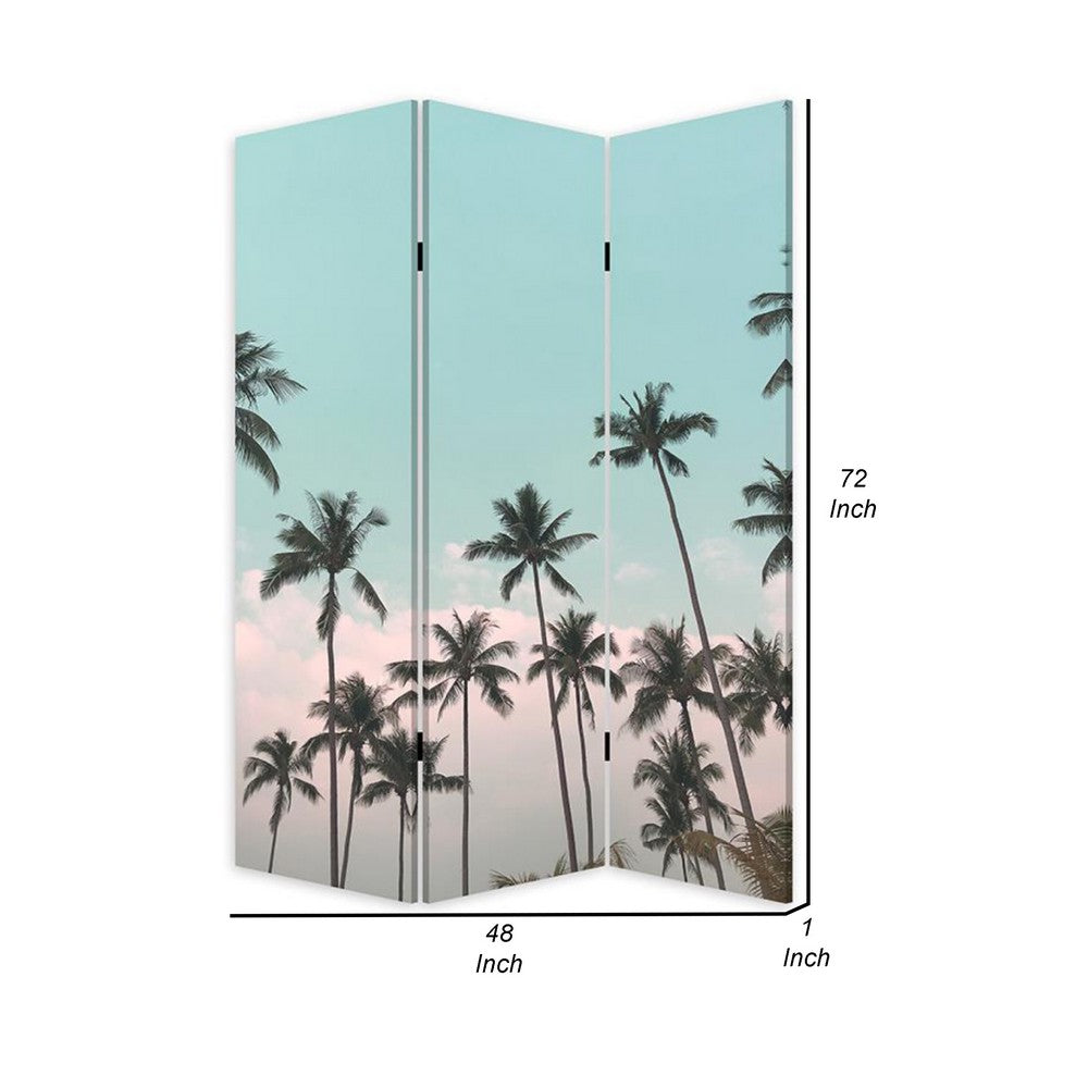 BENZARA 72 Inch 3 Panel Canvas Foldable Room Divider, Blue Sky, Palm Trees, Black - BM276720