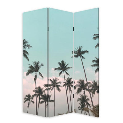 BENZARA 72 Inch 3 Panel Canvas Foldable Room Divider, Blue Sky, Palm Trees, Black - BM276720