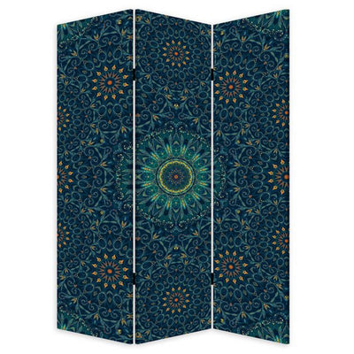 BENZARA 72 Inch 3 Panel Canvas Foldable Room Divider, Bohemian Design, Teal Blue - BM276722