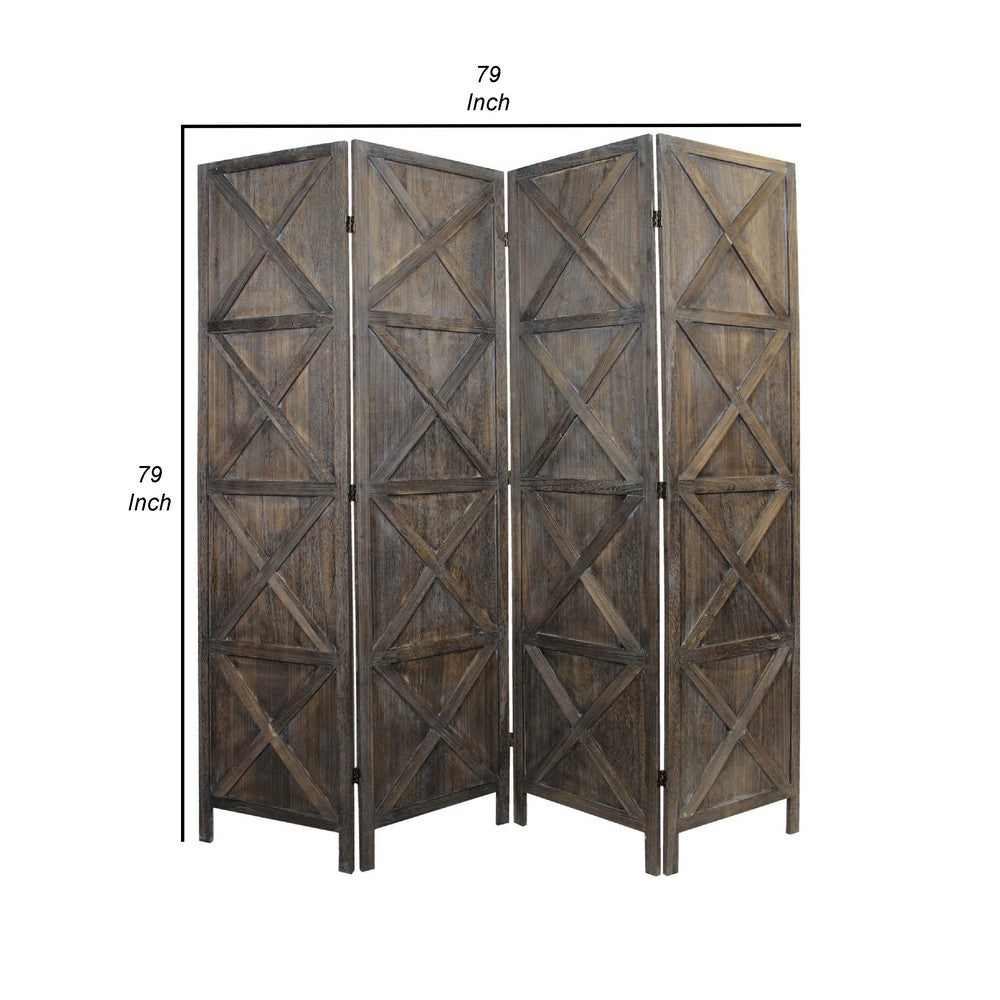 BENZARA 79 Inch Wood 4 Panel Screen Room Divider, Crossed Accents, Brown - BM276723