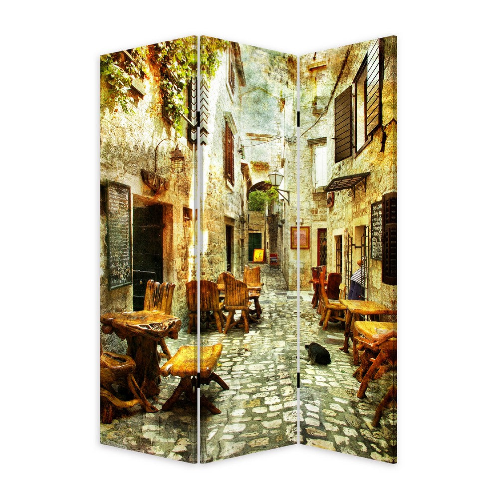 BENZARA 72 Inch 3 Panel Canvas Room Divider, Streets, Flowers, Plants, Multicolor - BM276725