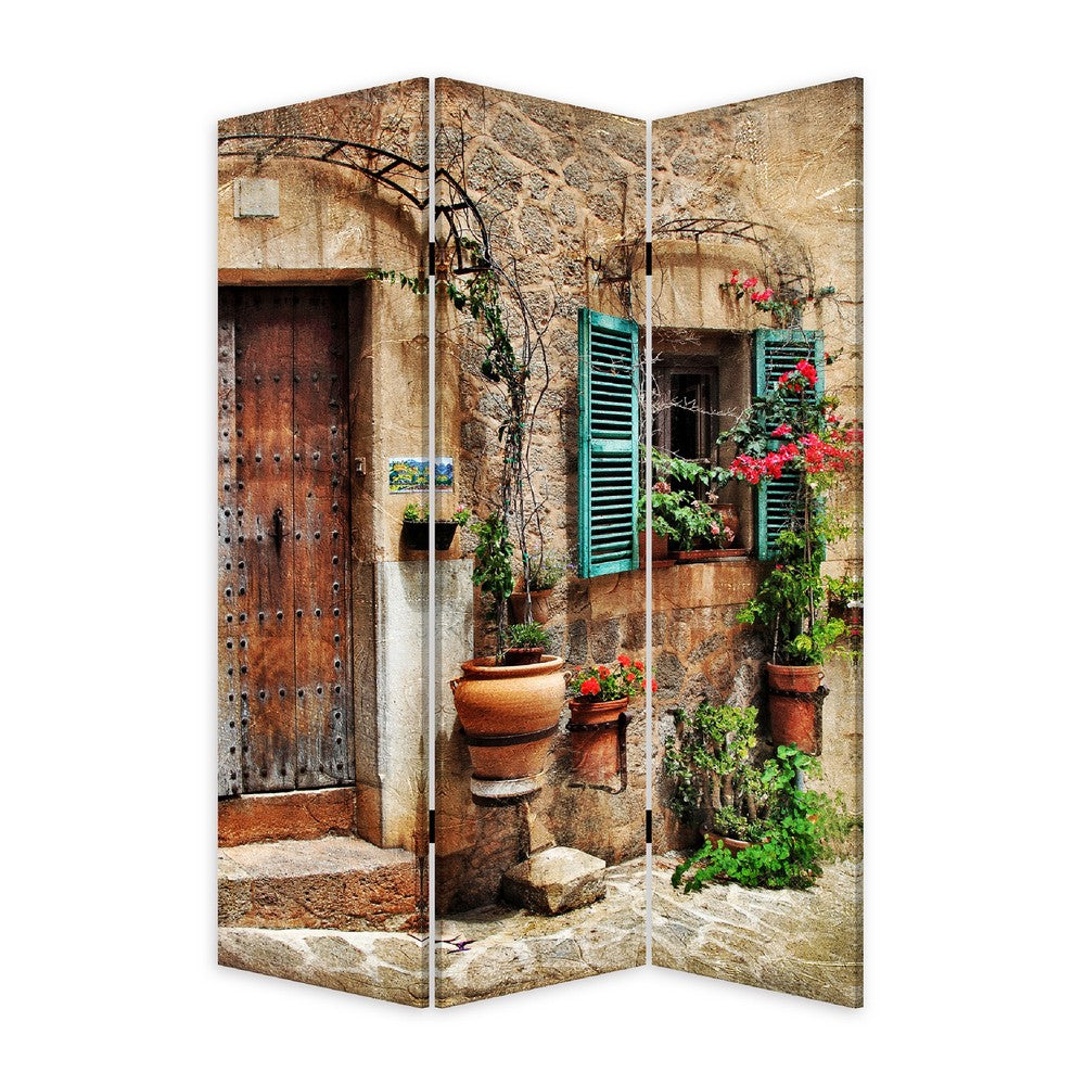 BENZARA 72 Inch 3 Panel Canvas Room Divider, Streets, Flowers, Plants, Multicolor - BM276725