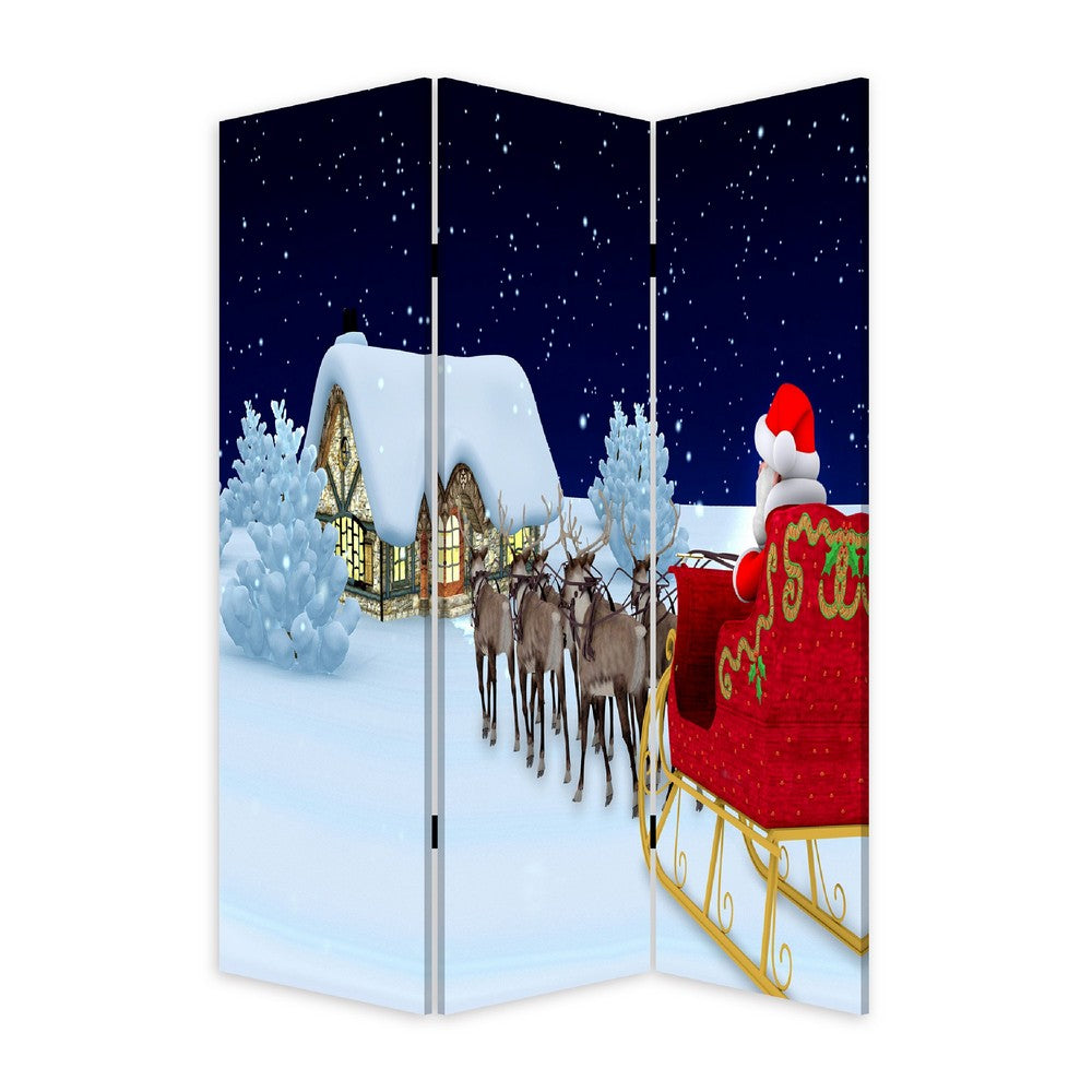 BENZARA 72 Inch 3 Panel Canvas Screen Room Divider, Painted Christmas Tree, Green - BM276728