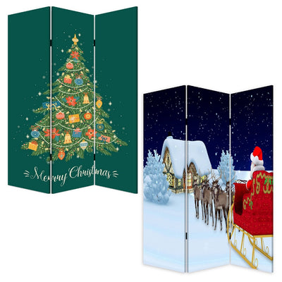 BENZARA 72 Inch 3 Panel Canvas Screen Room Divider, Painted Christmas Tree, Green - BM276728