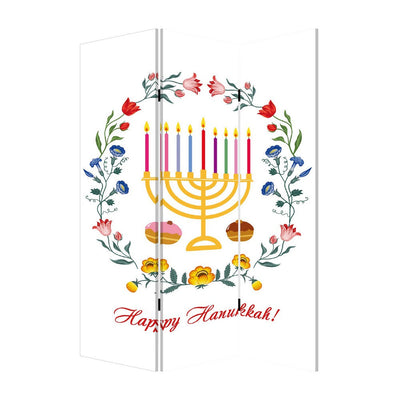 BENZARA 72 Inch 3 Panel Canvas Foldable Room Divider, Hanukkah Symbol, Multicolor - BM276729