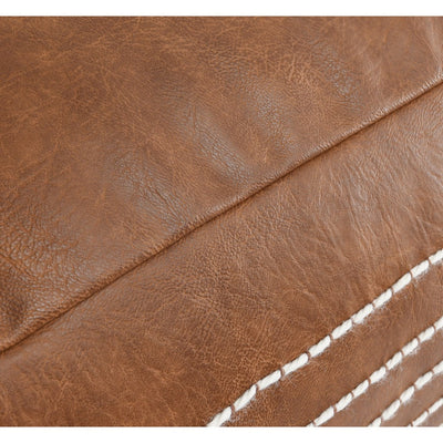 BENZARA 24 Inch Square Vegan Faux Leather Pouf, Yarn Embroidery, Tassels, Brown - BM276949