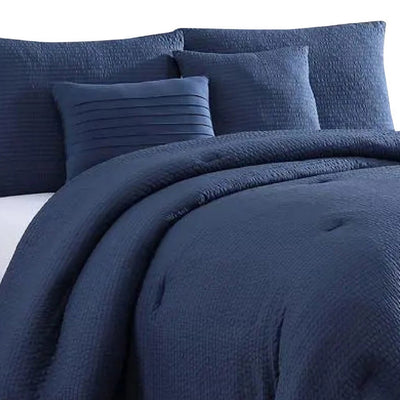 BENZARA Alice 5 Piece King Comforter Set, Textured, The Urban Port, Navy Blue - BM277010