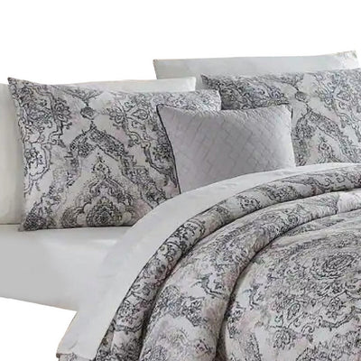 BENZARA Lance 8 Piece Queen Bed Set, Damask Print, The Urban Port, White, Gray - BM277011