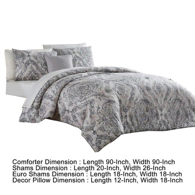 BENZARA Lance 8 Piece Queen Bed Set, Damask Print, The Urban Port, White, Gray - BM277011