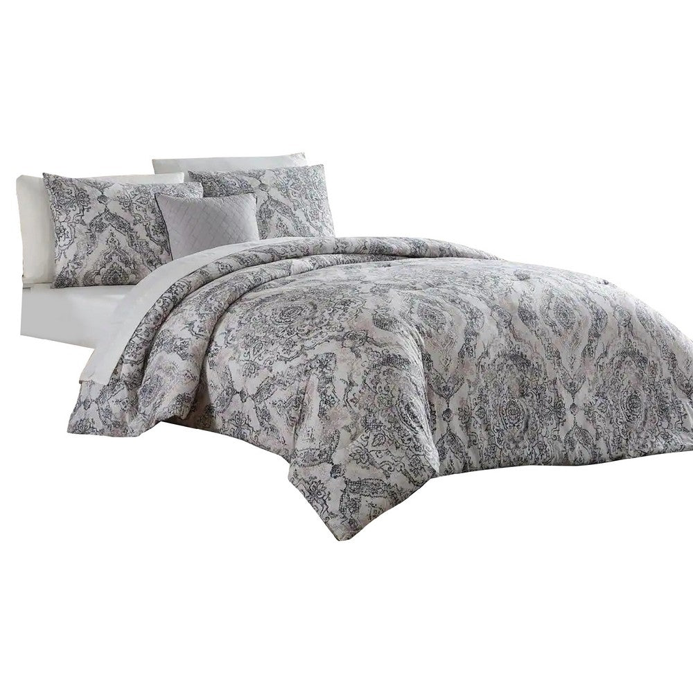 BENZARA Lance 8 Piece Queen Bed Set, Damask Print, The Urban Port, White, Gray - BM277011