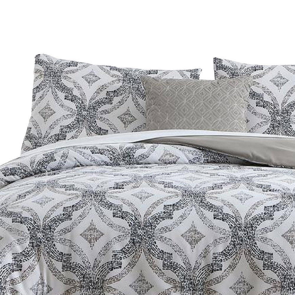 BENZARA Owen 8 Piece Queen Bed Set, Quatrefoil Print, The Urban Port, White, Gray - BM277015