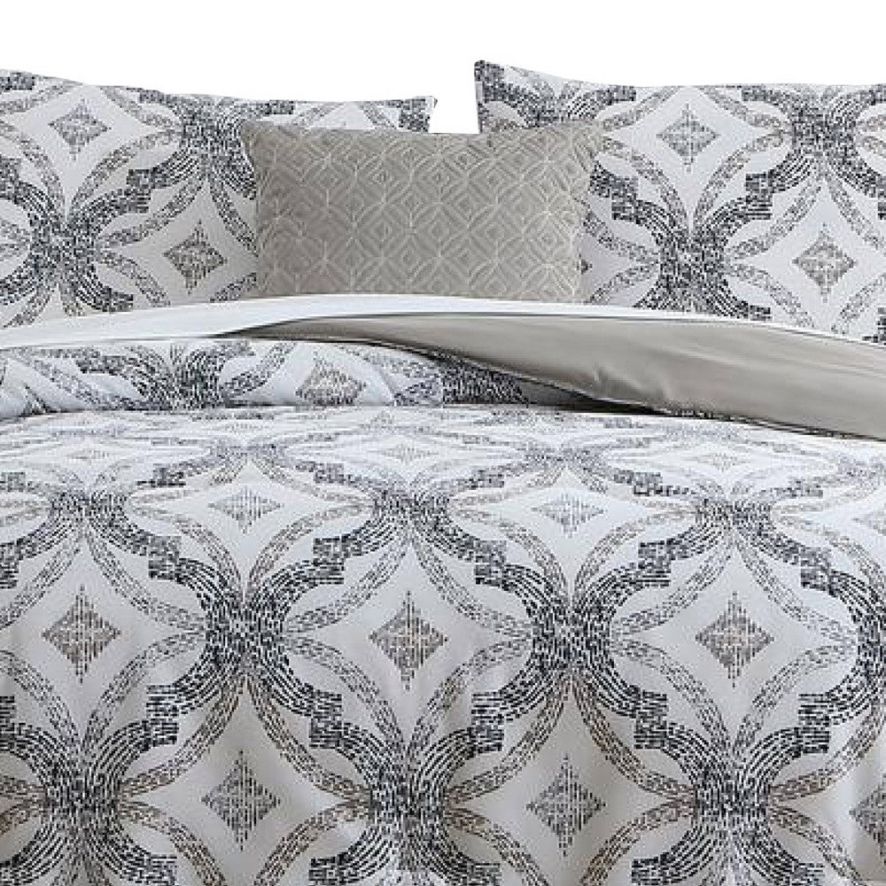 BENZARA Owen 8 Piece Queen Bed Set, Quatrefoil Print, The Urban Port, White, Gray - BM277015