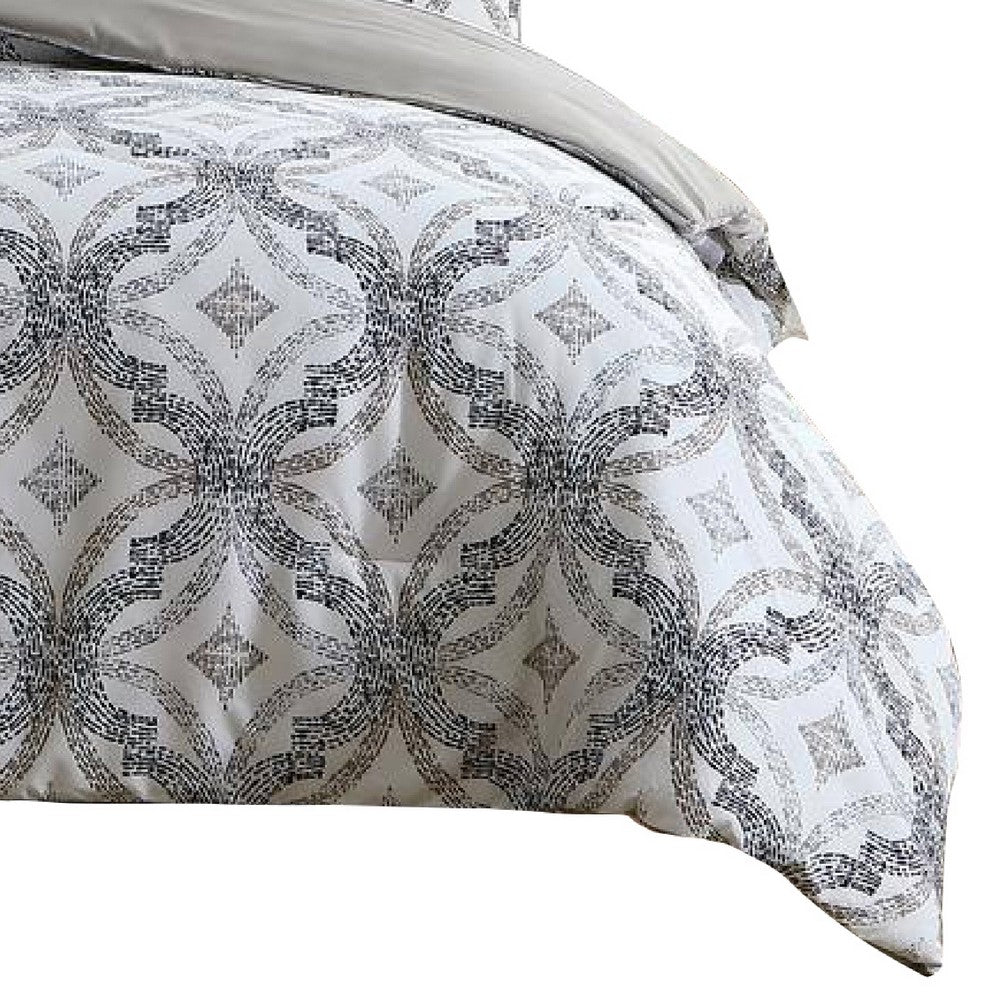 BENZARA Owen 8 Piece Queen Bed Set, Quatrefoil Print, The Urban Port, White, Gray - BM277015