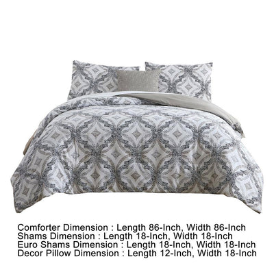 BENZARA Owen 8 Piece Queen Bed Set, Quatrefoil Print, The Urban Port, White, Gray - BM277015