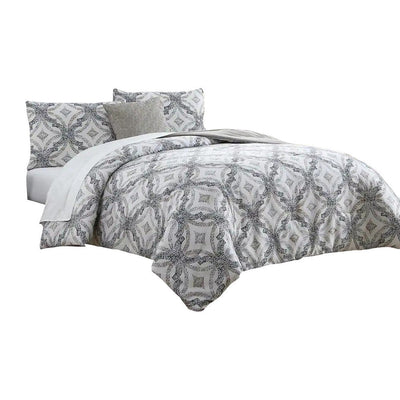 BENZARA Owen 8 Piece King Bed Set, Quatrefoil Print, The Urban Port, White, Gray - BM277016