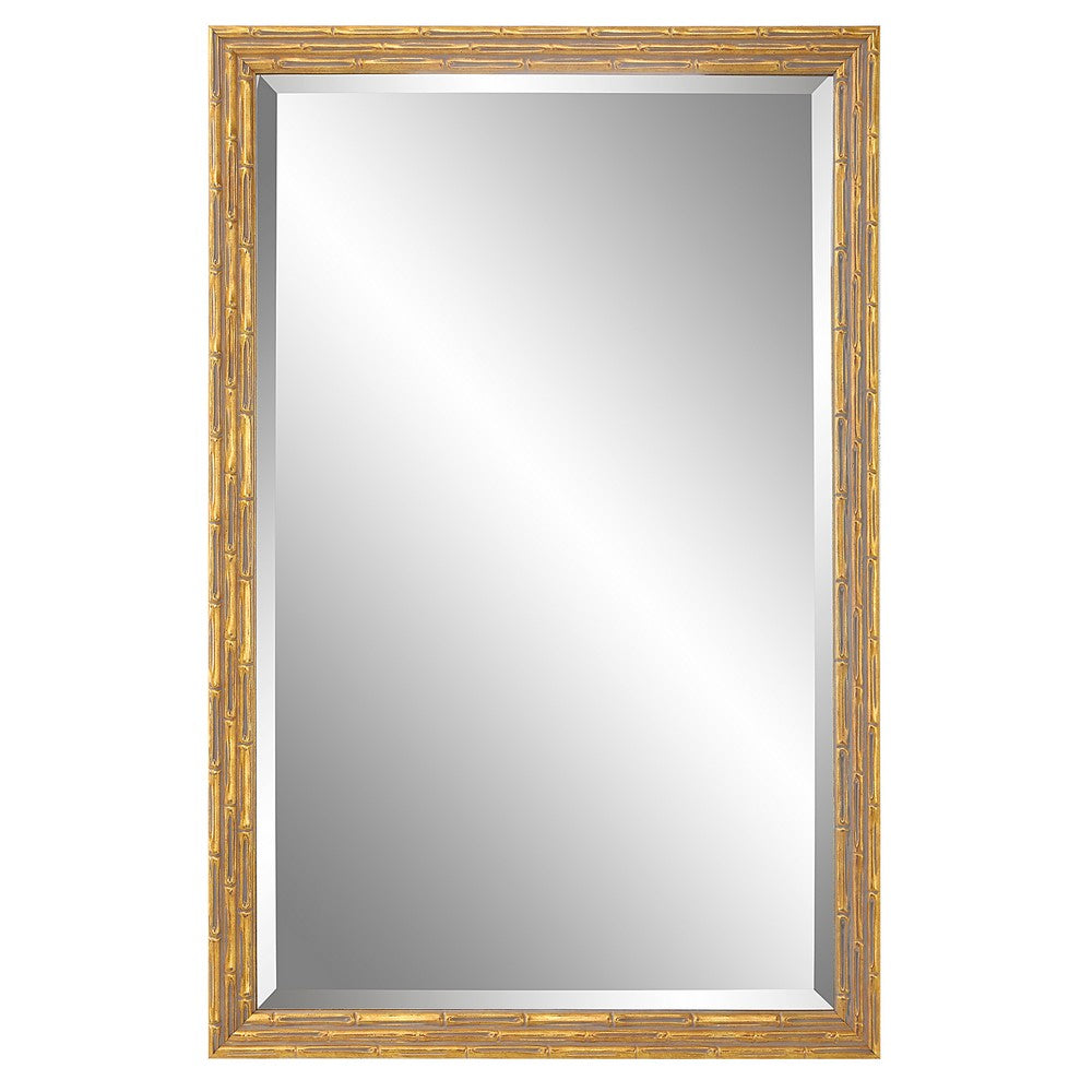 BENZARA 34 Inch Wood Rectangular Wall Mirror, Bamboo Design, Gold, Gray - BM277019