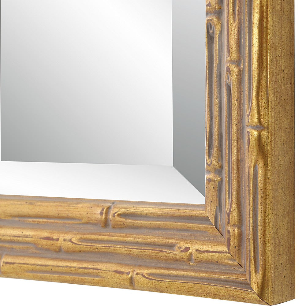 BENZARA 34 Inch Wood Rectangular Wall Mirror, Bamboo Design, Gold, Gray - BM277019