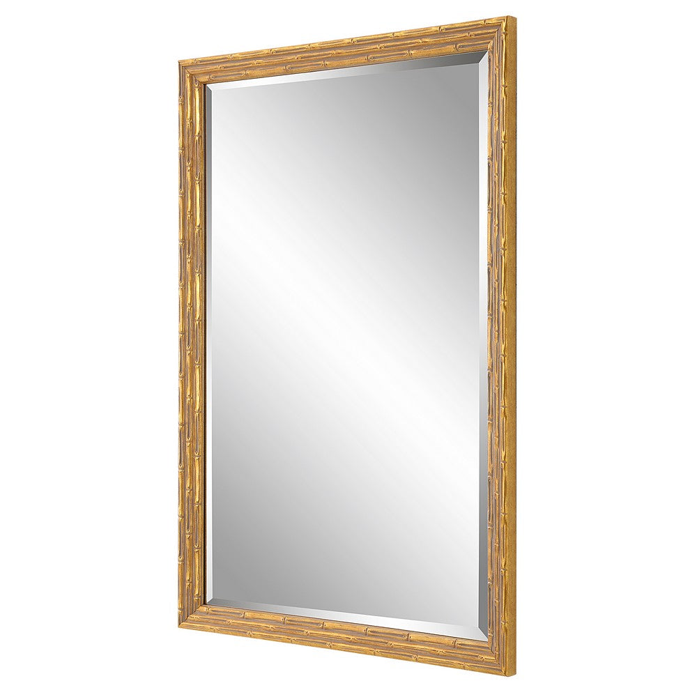 BENZARA 34 Inch Wood Rectangular Wall Mirror, Bamboo Design, Gold, Gray - BM277019