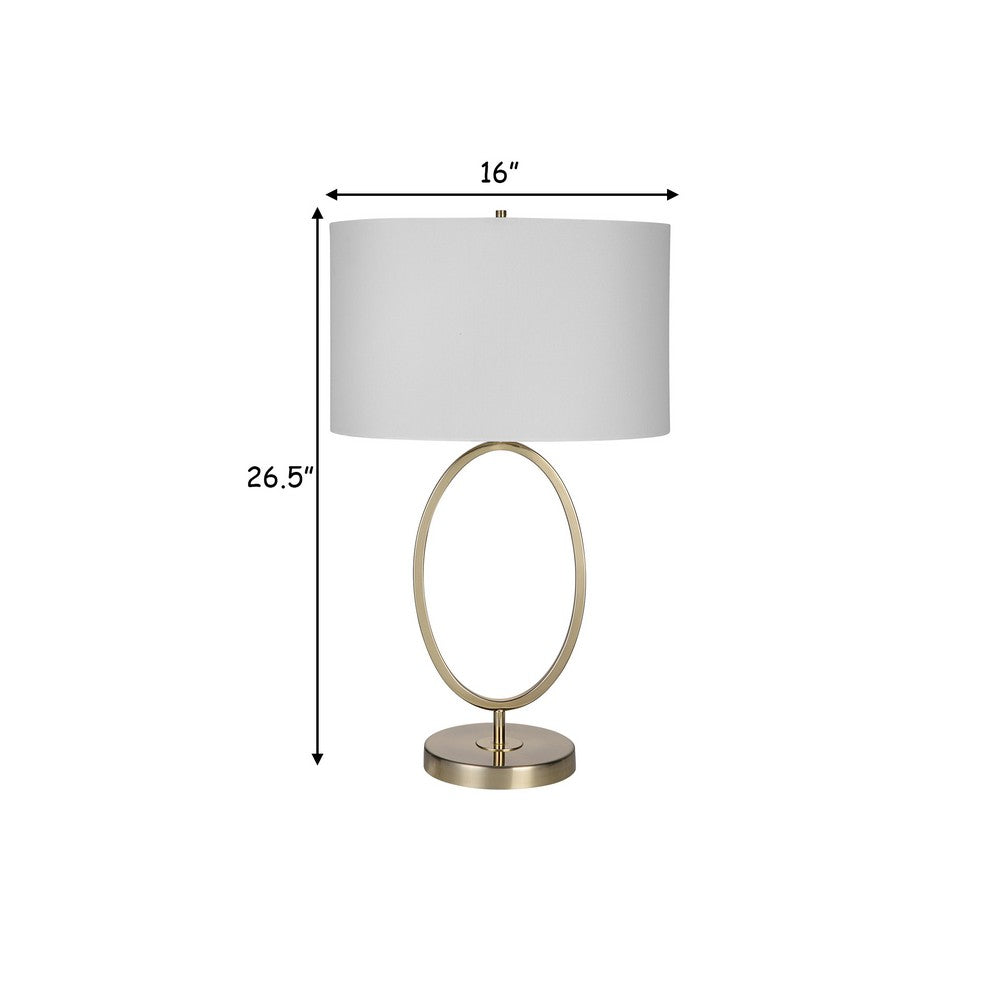 BENZARA 27 Inch Metal Table Lamp, Oval Center Ring, Gold, White - BM277022