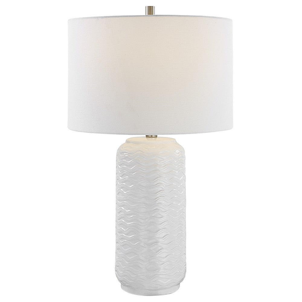 BENZARA 27 Inch Ceramic Table Lamp, Wavy Texture, Silver, White - BM277032