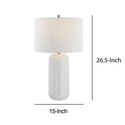 BENZARA 27 Inch Ceramic Table Lamp, Wavy Texture, Silver, White - BM277032