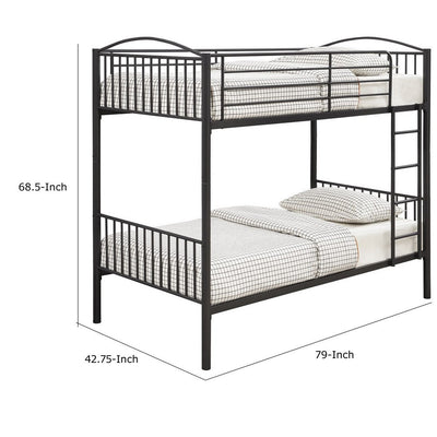 BENZARA Demi 79 Inch Metal Twin Bunk Bed, Curved Headboard, Slatted, Dark Black - BM280350