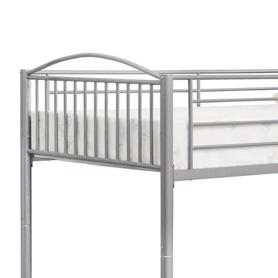 BENZARA Demi 79 Inch Metal Twin Bunk Bed, Round Curved Headboard, Slatted, Gray - BM280351