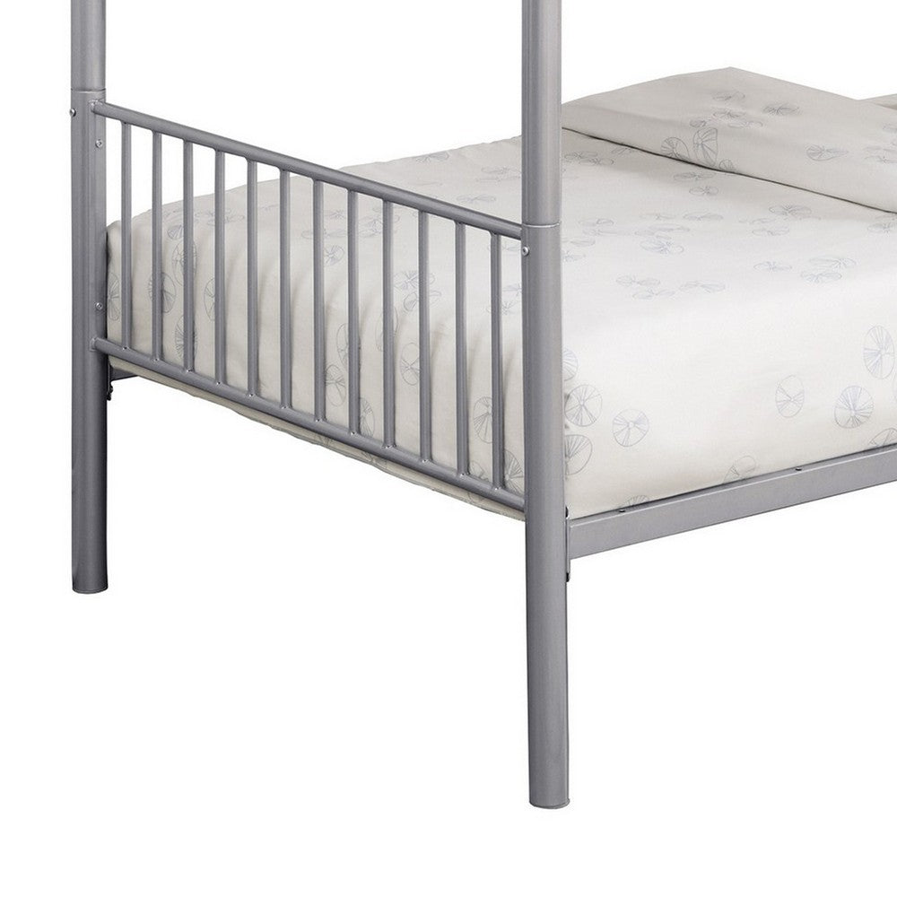 BENZARA Demi 79 Inch Metal Twin Bunk Bed, Round Curved Headboard, Slatted, Gray - BM280351