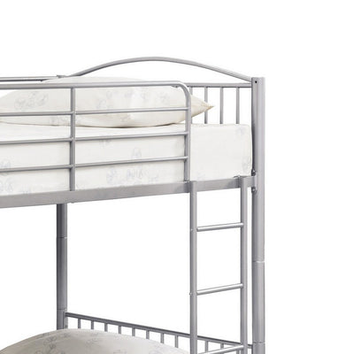 BENZARA Demi 79 Inch Metal Twin Bunk Bed, Round Curved Headboard, Slatted, Gray - BM280351