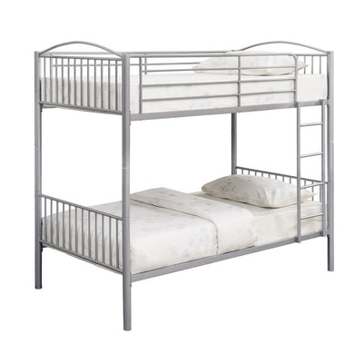 BENZARA Demi 79 Inch Metal Twin Bunk Bed, Round Curved Headboard, Slatted, Gray - BM280351