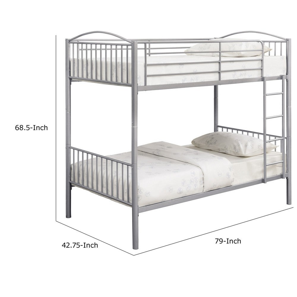 BENZARA Demi 79 Inch Metal Twin Bunk Bed, Round Curved Headboard, Slatted, Gray - BM280351