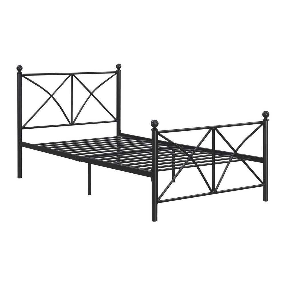 BENZARA Adam 79 Inch Metal Twin Size Bed Frame, Crossed Bars, Matte Black - BM280388