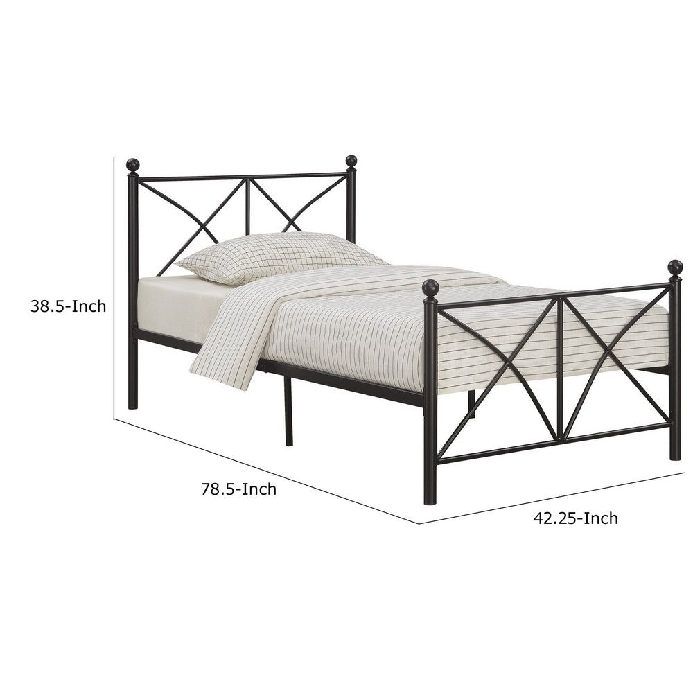 BENZARA Adam 79 Inch Metal Twin Size Bed Frame, Crossed Bars, Matte Black - BM280388