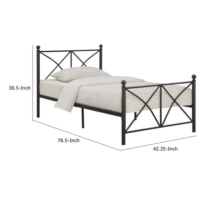 BENZARA Adam 79 Inch Metal Twin Size Bed Frame, Crossed Bars, Matte Black - BM280388