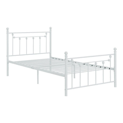 BENZARA Dio 79 Inch Metal Twin Size Bed Frame, Spindle Design, Finial Posts, White - BM280390