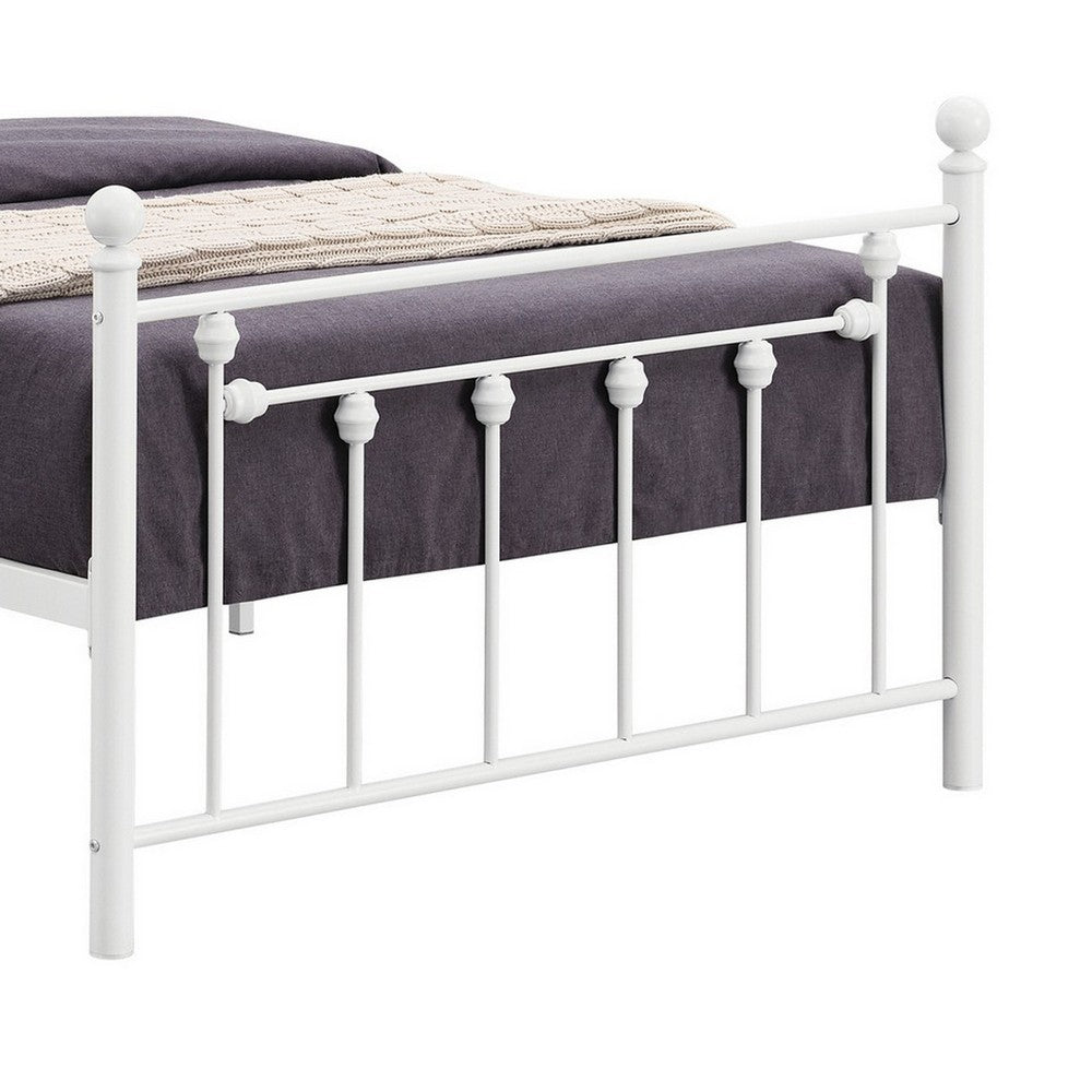 BENZARA Dio 79 Inch Metal Twin Size Bed Frame, Spindle Design, Finial Posts, White - BM280390