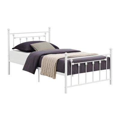 BENZARA Dio 79 Inch Metal Twin Size Bed Frame, Spindle Design, Finial Posts, White - BM280390