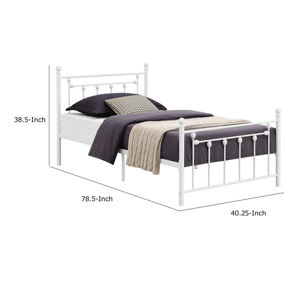 BENZARA Dio 79 Inch Metal Twin Size Bed Frame, Spindle Design, Finial Posts, White - BM280390