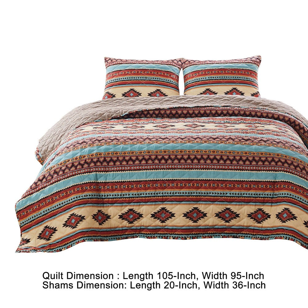 BENZARA Linda 3 Piece King Quilt Set, Tribal Pattern, Diamond Design, Multicolor - BM280407