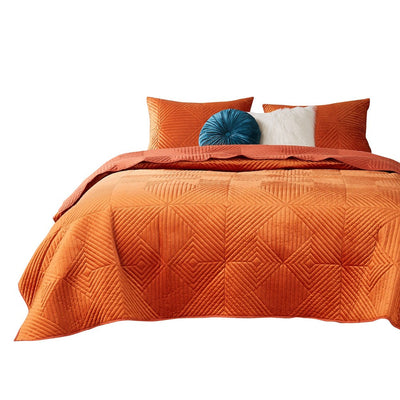 BENZARA Ahab 2 Piece Velvet Twin Quilt Set, Diamond Quilting Design, Orange - BM280411